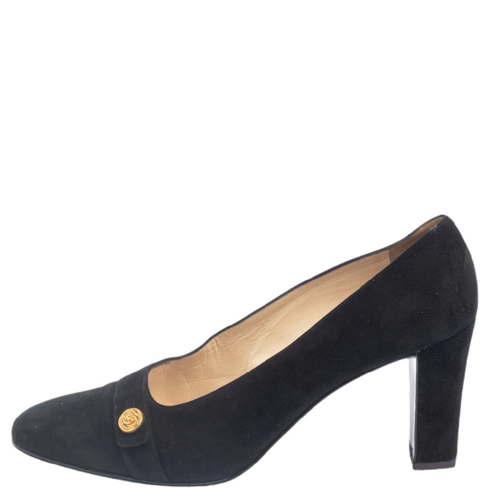 Chanel Black Suede CC Block Heel Pumps Size