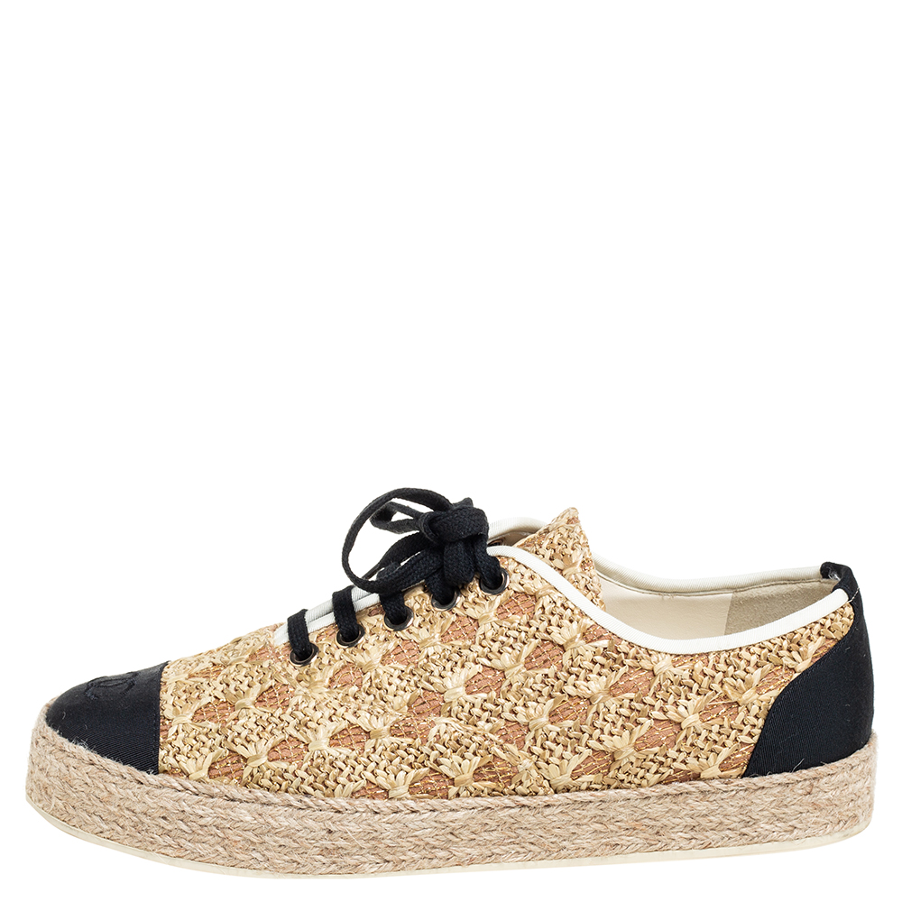 

Chanel Beige/Black Raffia And Canvas Espadrille Sneakers Size