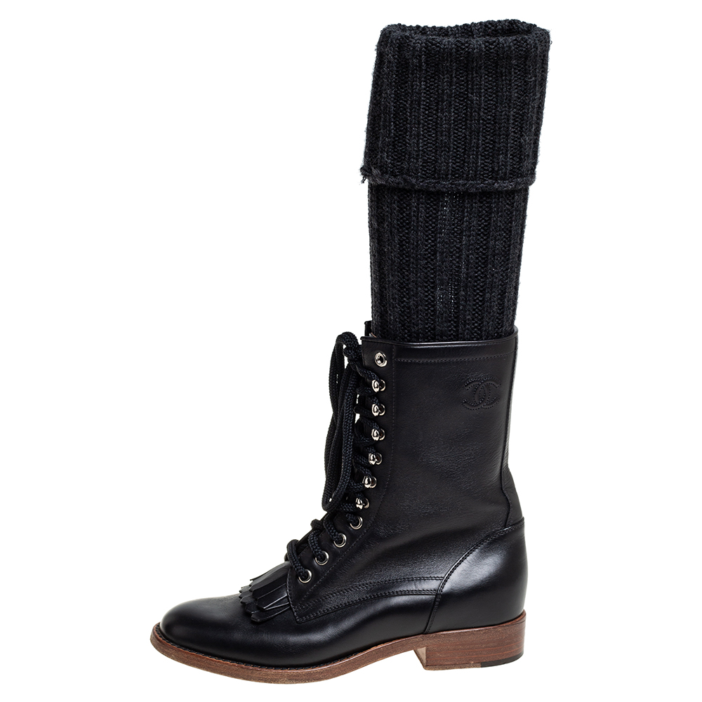 

Chanel Black Leather And Knit Fabric Sock Combat Boots Size