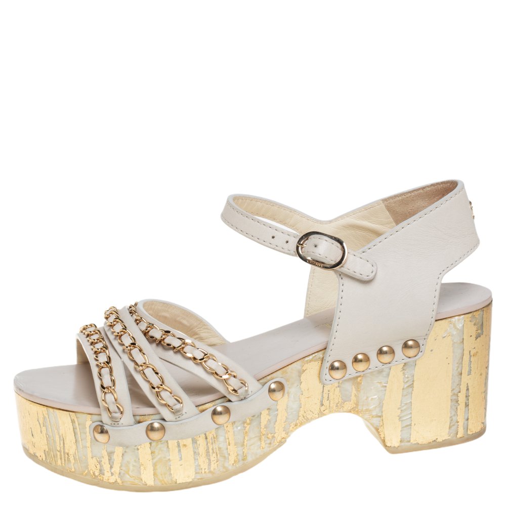 

Chanel Cream Leather Platform Ankle Strap Sandals Size