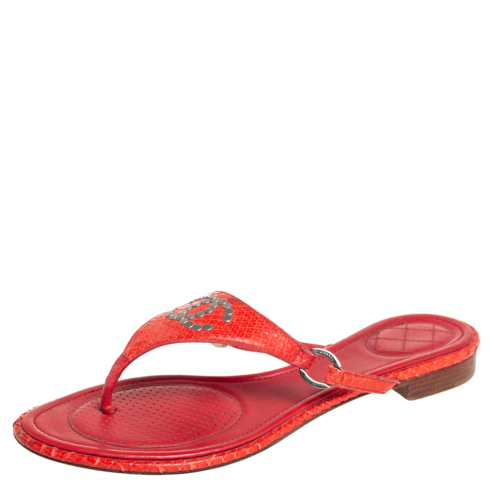 

Chanel Red Python CC Flat Thong Sandals Size