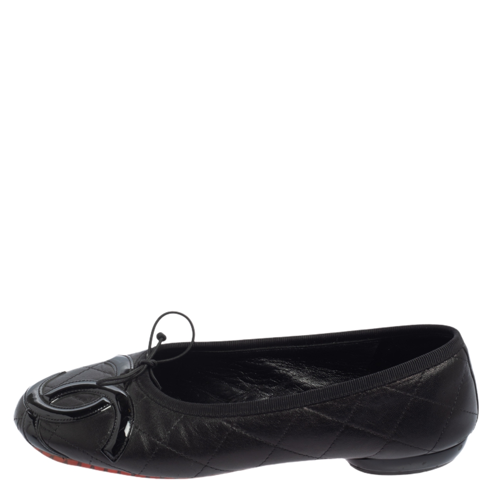 

Chanel Black Leather And Patent CC Ligne Cambon Bow Ballet Flats Size