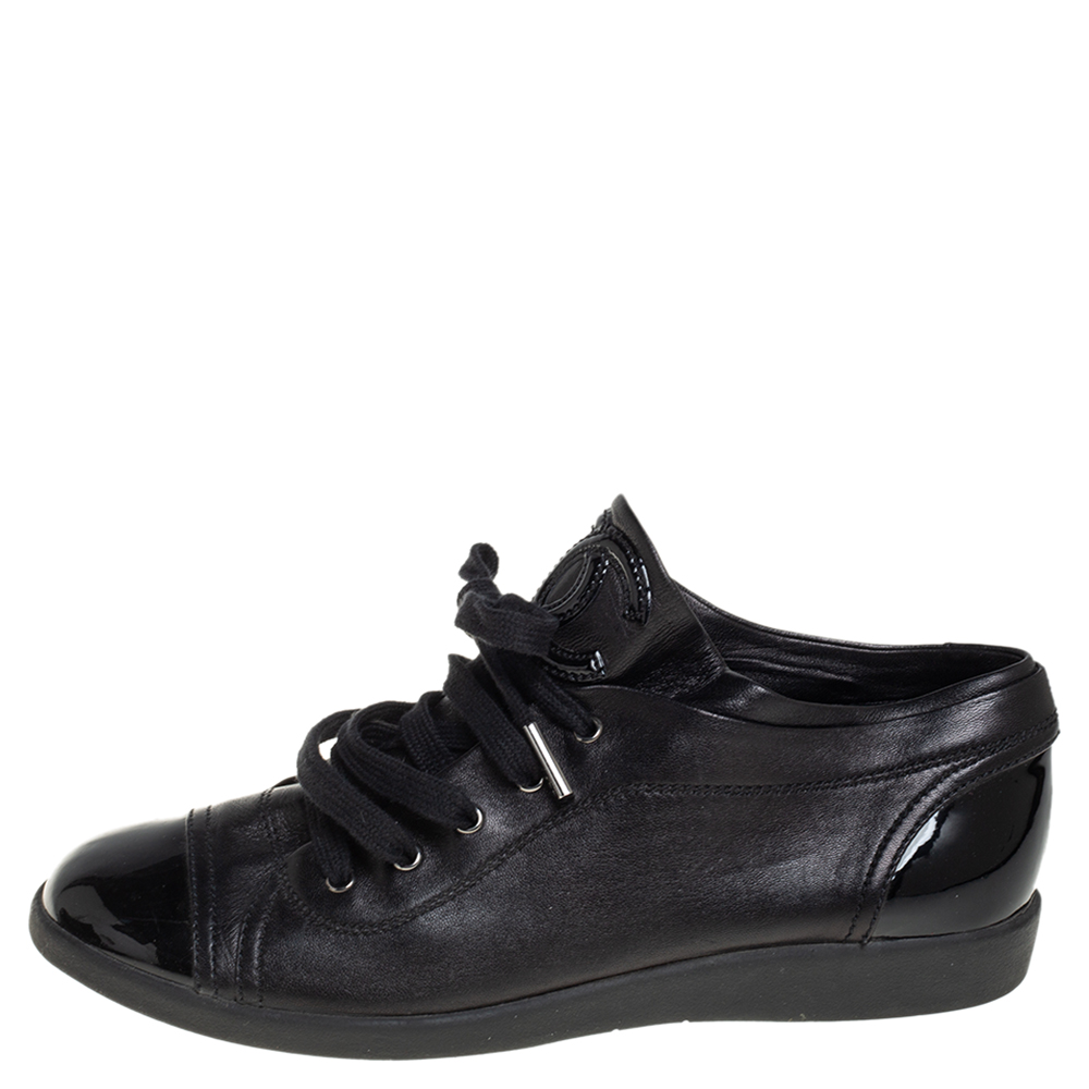

Chanel Black Patent Leather Low Top Sneakers Size
