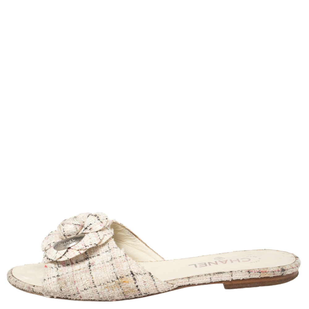 

Chanel Multicolor Tweed Camellia Slide Flat Sandals Size