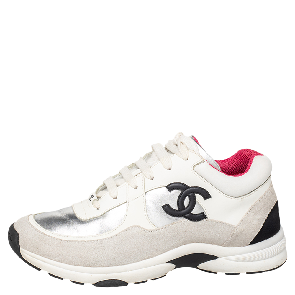 Chanel Multicolor Suede, Neoprene And Leather CC Logo Lace Up Sneakers ...