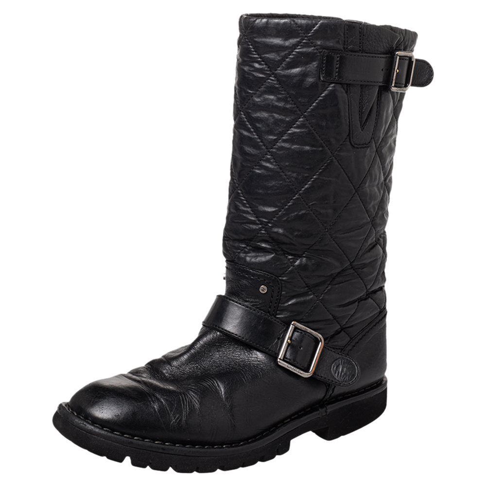 

Chanel Black Quilted Coated Fabric And Leather Mid Calf Boots Size