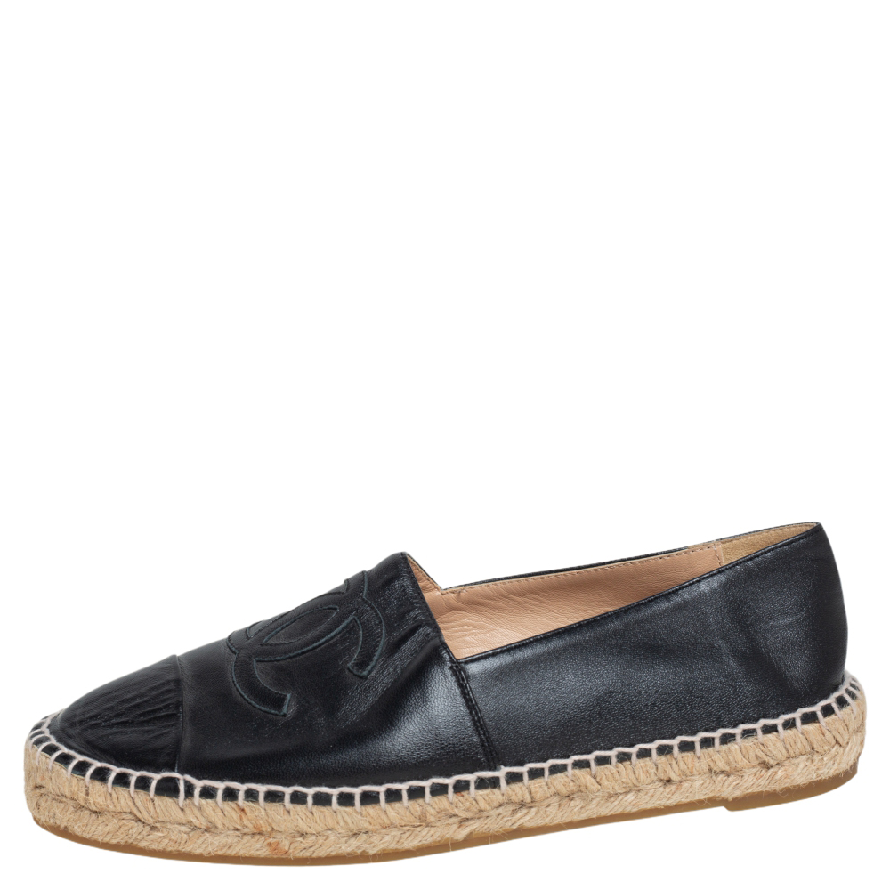 

Chanel Black Leather CC Espadrille Flats Size