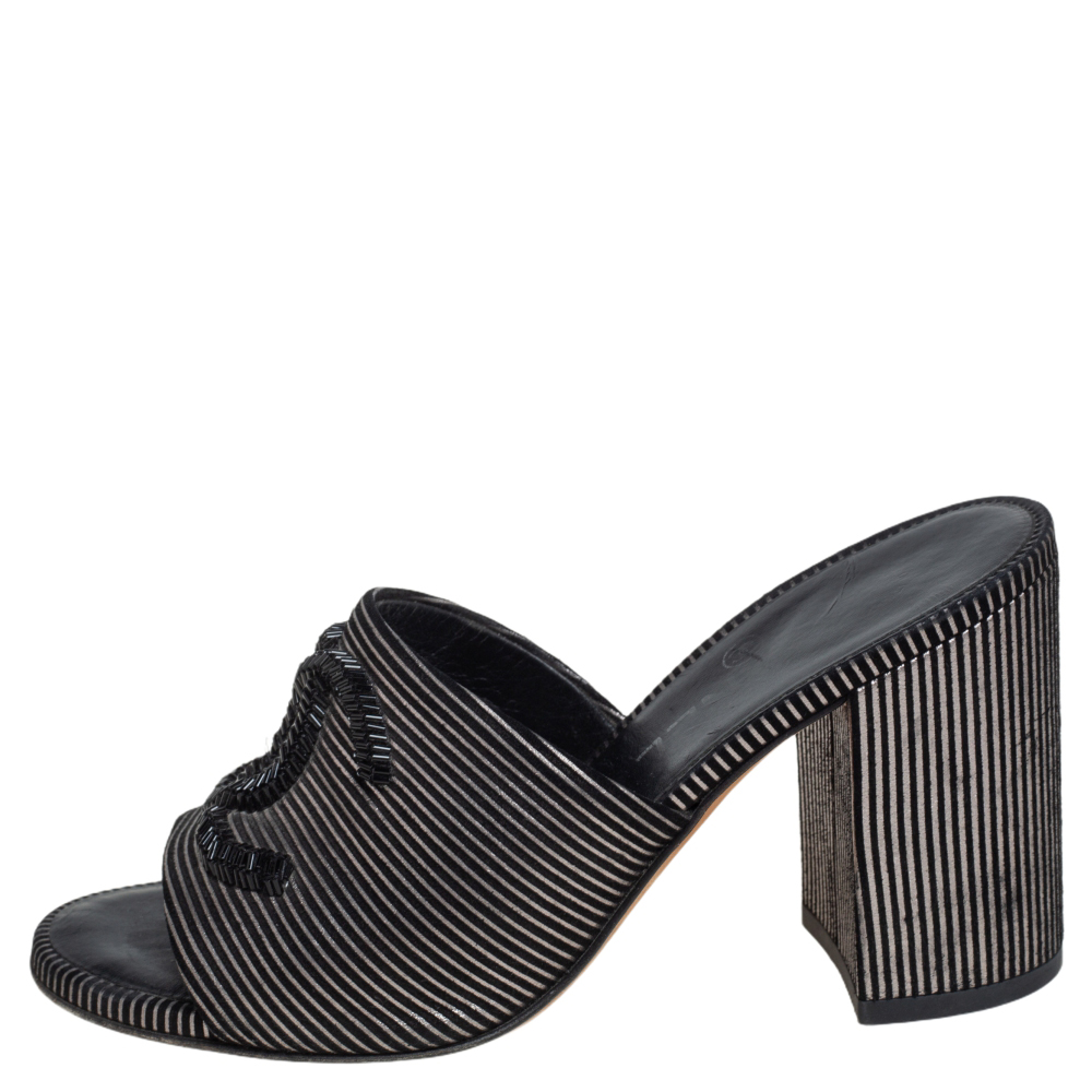 

Chanel Black/Silver Striped Suede Bead CC Mules Size