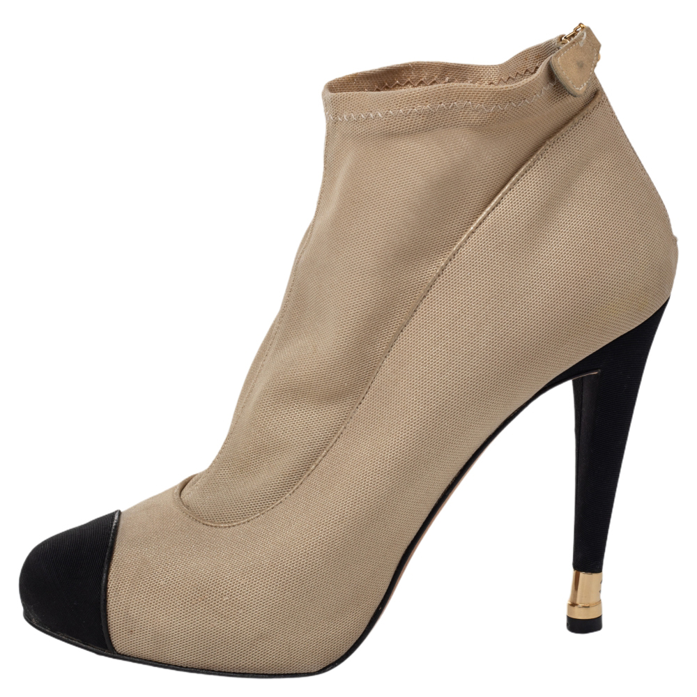 

Chanel Beige/Black Stretch Fabric CC Cap Toe Ankle Booties Size