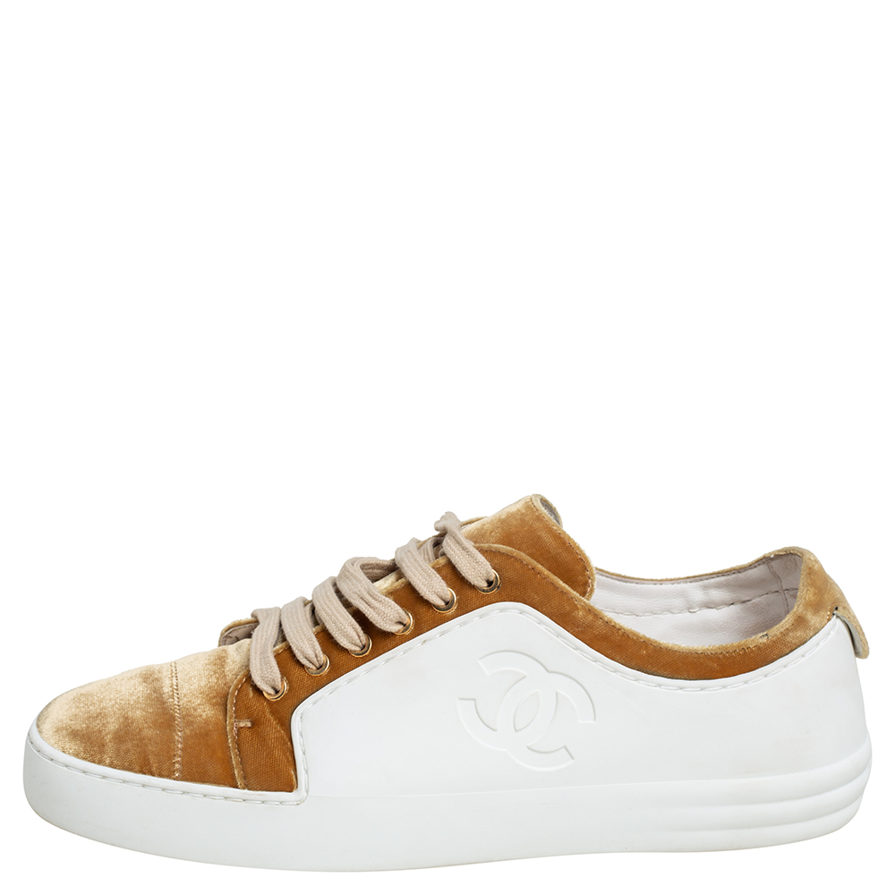 

Chanel Gold/White Rubber and Velvet CC Low Top Sneakers Size