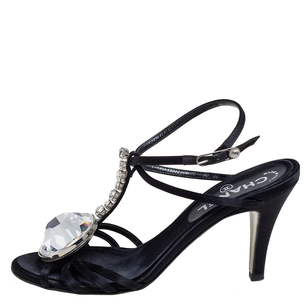 

Chanel Black Satin Diamante Strappy Sandals Size