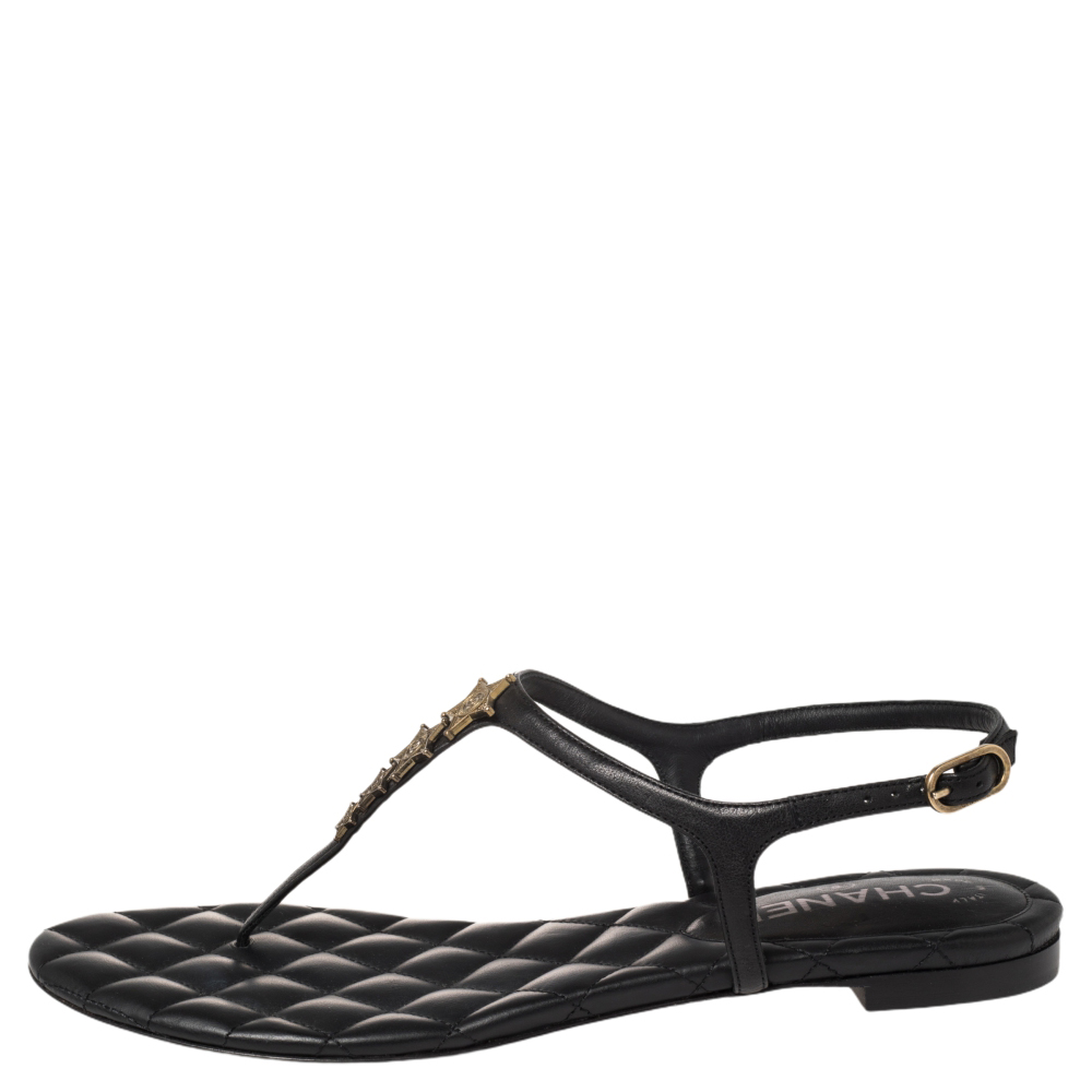 

Chanel Black Leather CC Star Logo T Strap Thong Flat Sandals Size
