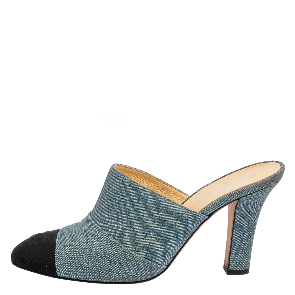 

Chanel Black/Blue Denim and Fabric CC Mules Size