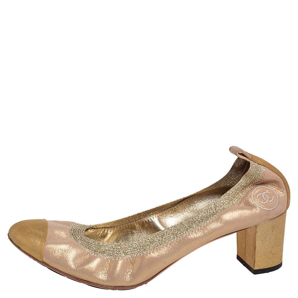 

Chanel Gold Suede Scrunch Block Heel Pumps Size