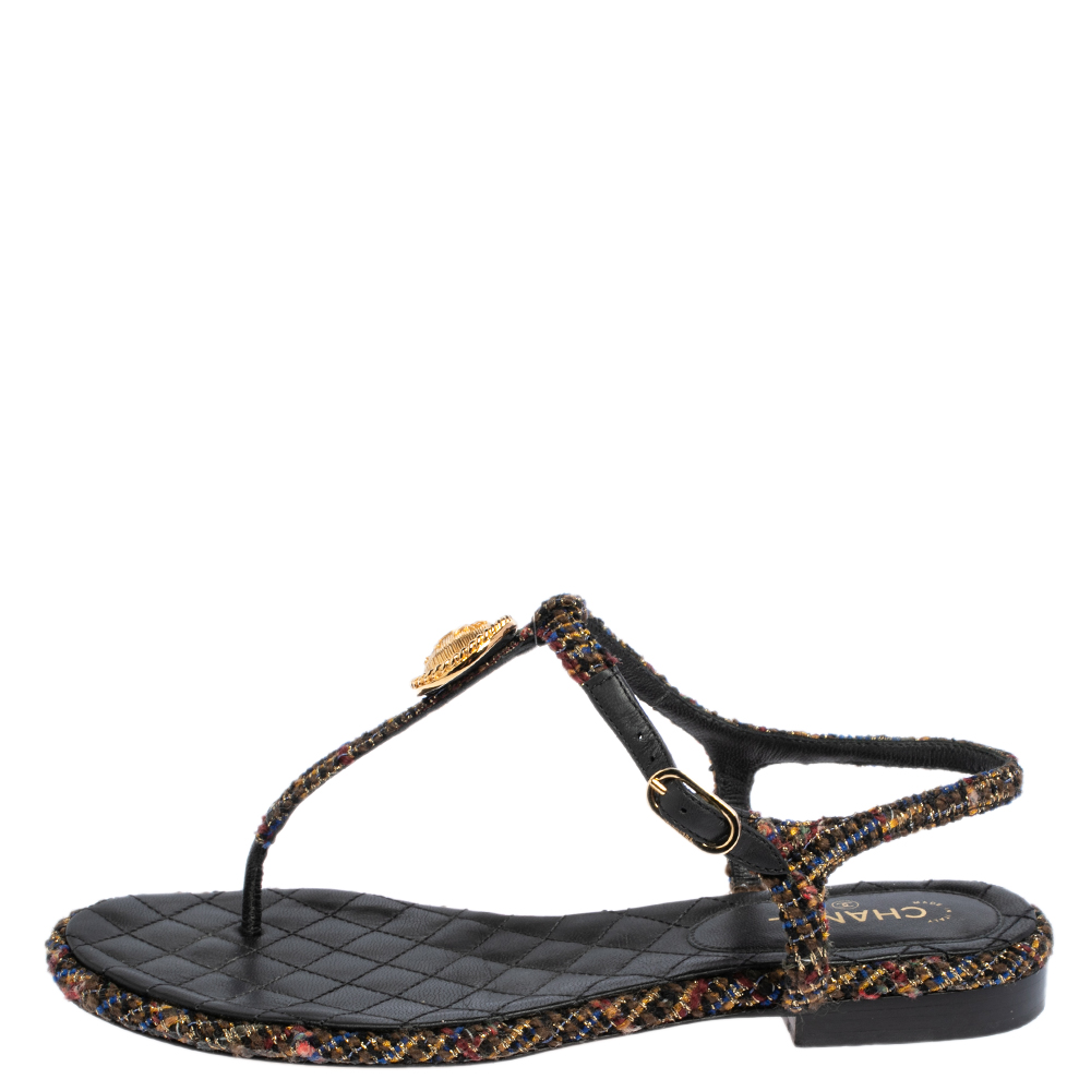 

Chanel Multicolor Tweed And Leather CC Ankle Strap Flat Thong Sandals Size