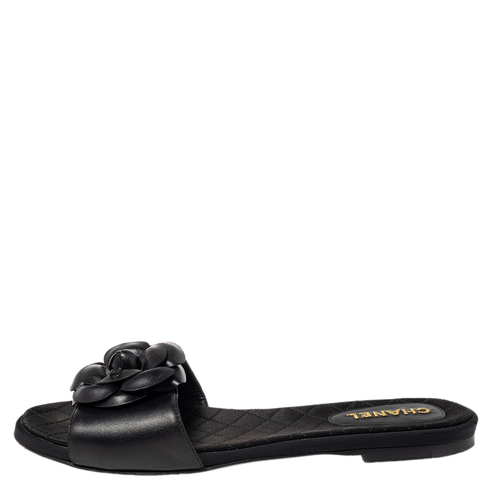 

Chanel Black Leather Camellia Embellished CC Slide Flats Size