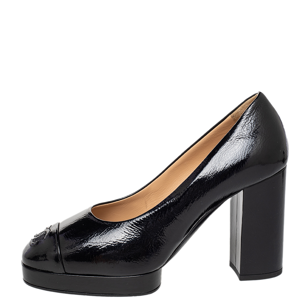 

Chanel Black Patent Leather CC Cap Toe Block Heel Pumps Size