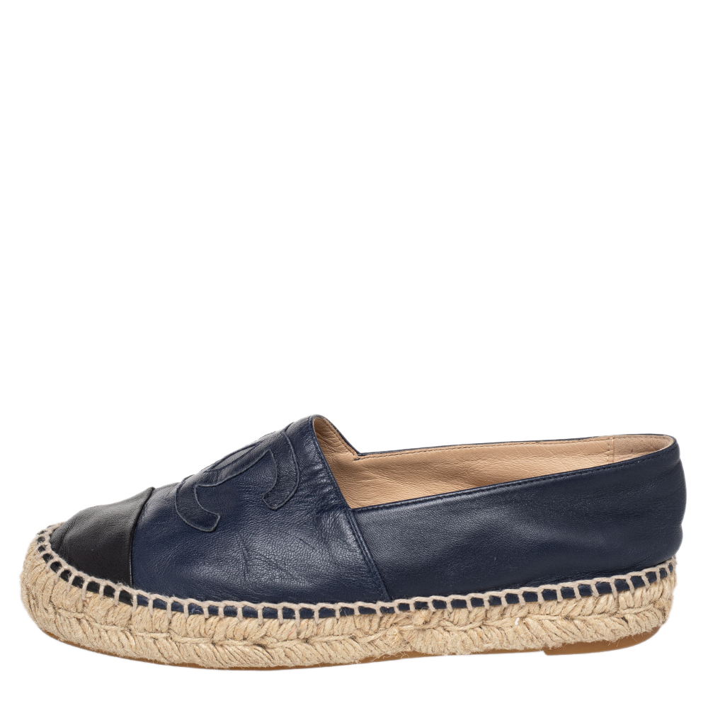 

Chanel Navy Blue/Black Leather CC Cap Toe Espadrille Flats Size