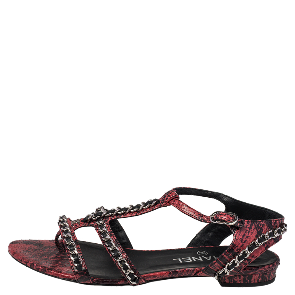 

Chanel Pink/Black Python Chain Detail Strappy Flat Sandals Size