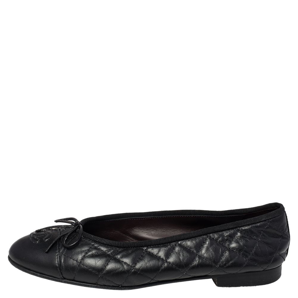 

Chanel Black Quilted Leather CC Bow Ballet Flats Size