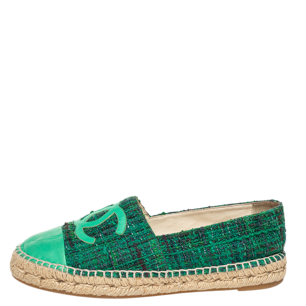 

Chanel Green Tweed And Leather CC Cap Toe Espadrille Flats Size