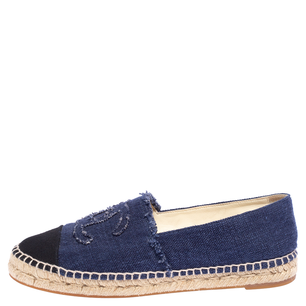 

Chanel Black/Blue Canvas Espadrille CC Flats Size