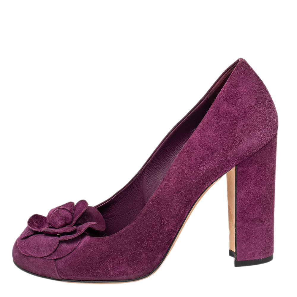 

Chanel Purple Suede Camellia CC Block Heel Pumps Size