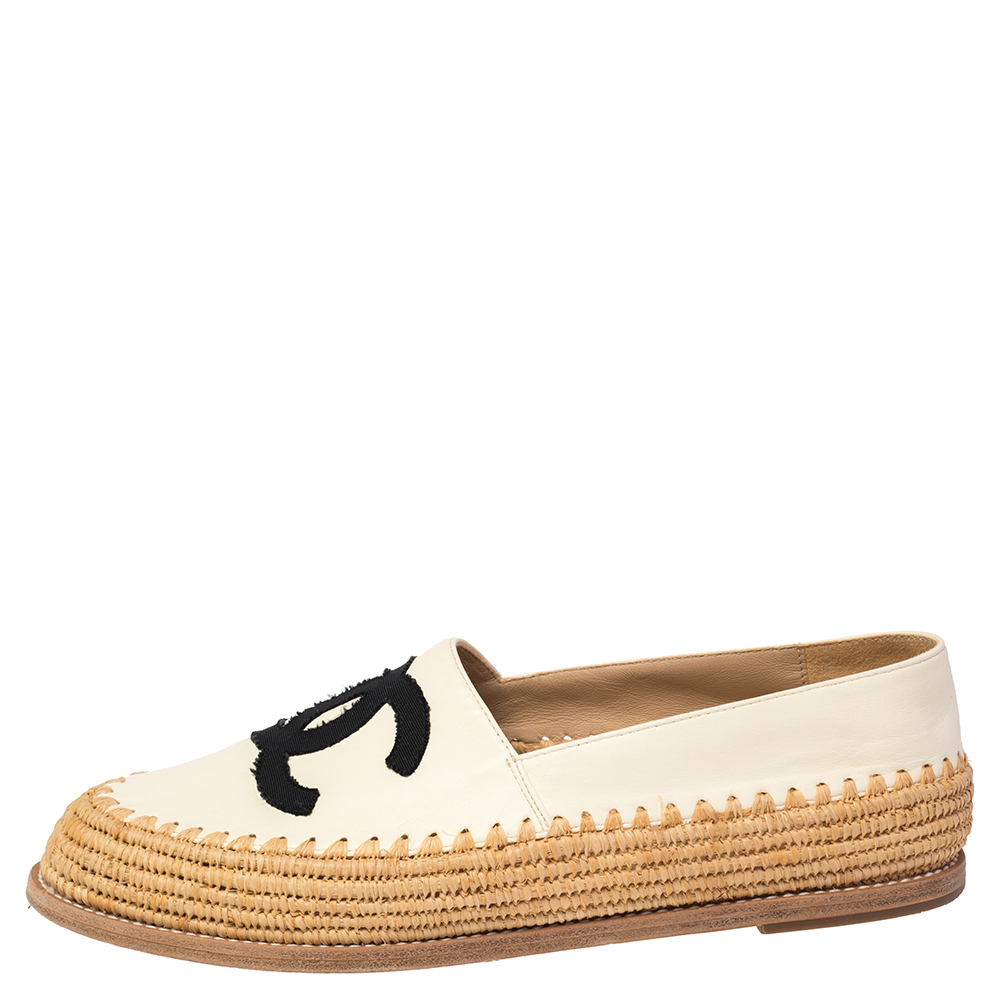 

Chanel Cream Leather CC Raffia Espadrilles Size