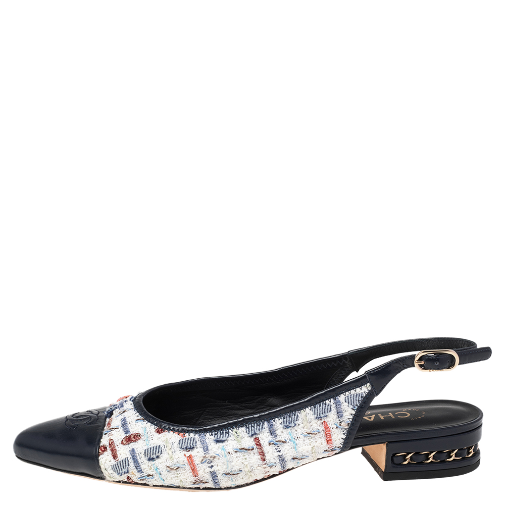 

Chanel White/Blue Tweed And Leather Cap Toe Slingback Flats Size
