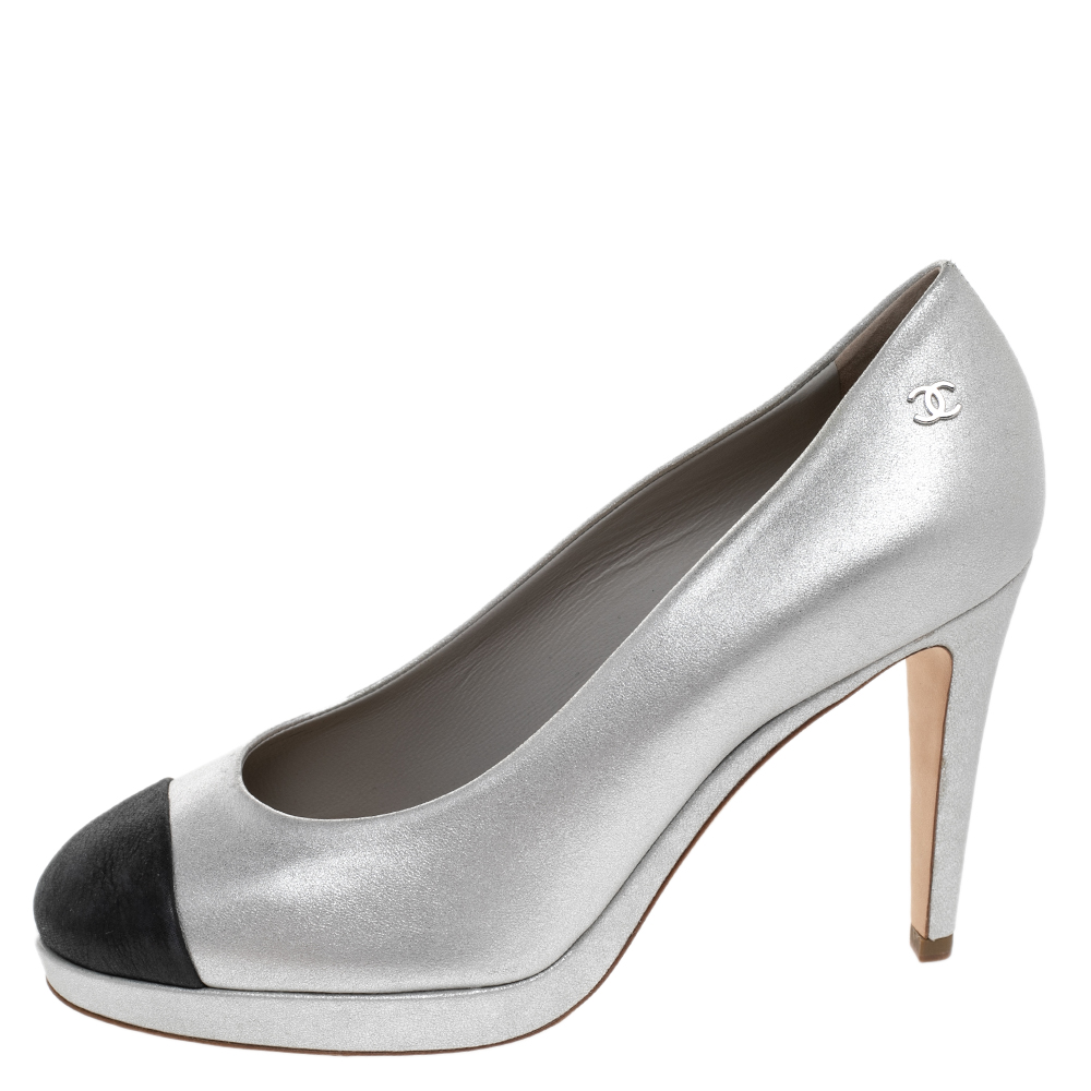 

Chanel Silver/Black Nubuck Leather Cap Toe Platform Pumps Size