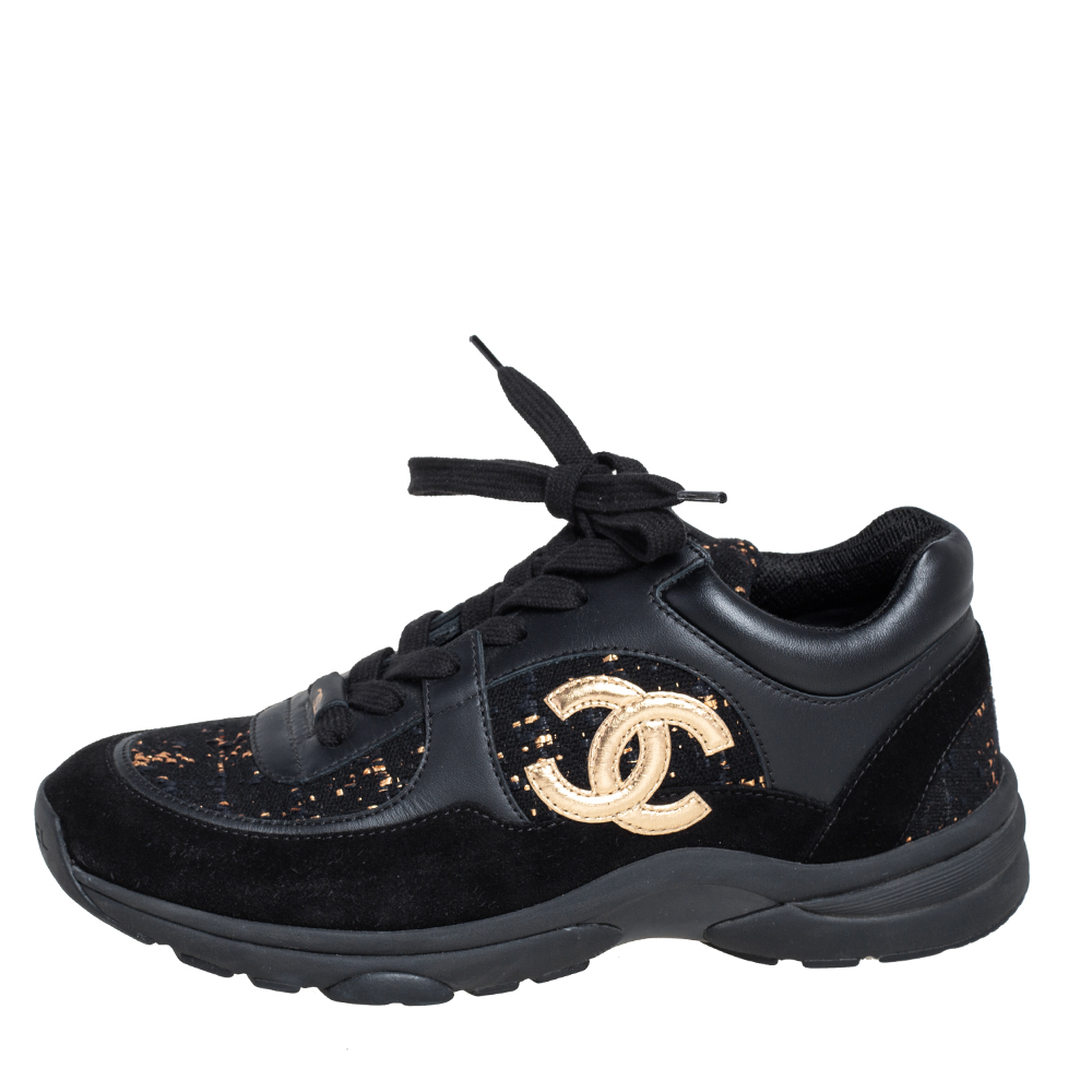 

Chanel Black Tweed and Leather Low Top Sneakers Size