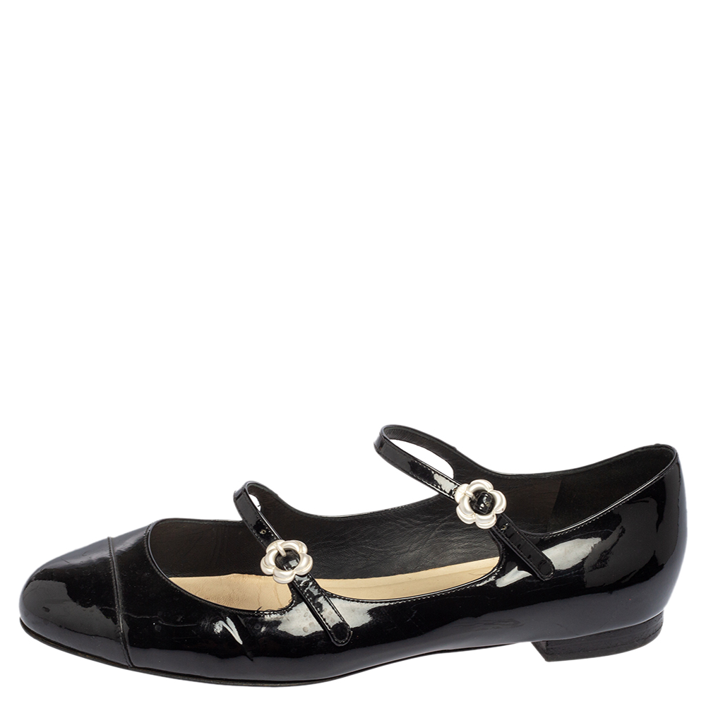 

Chanel Black Patent Leather Cap Toe Strappy Ballet Flats Size, Silver