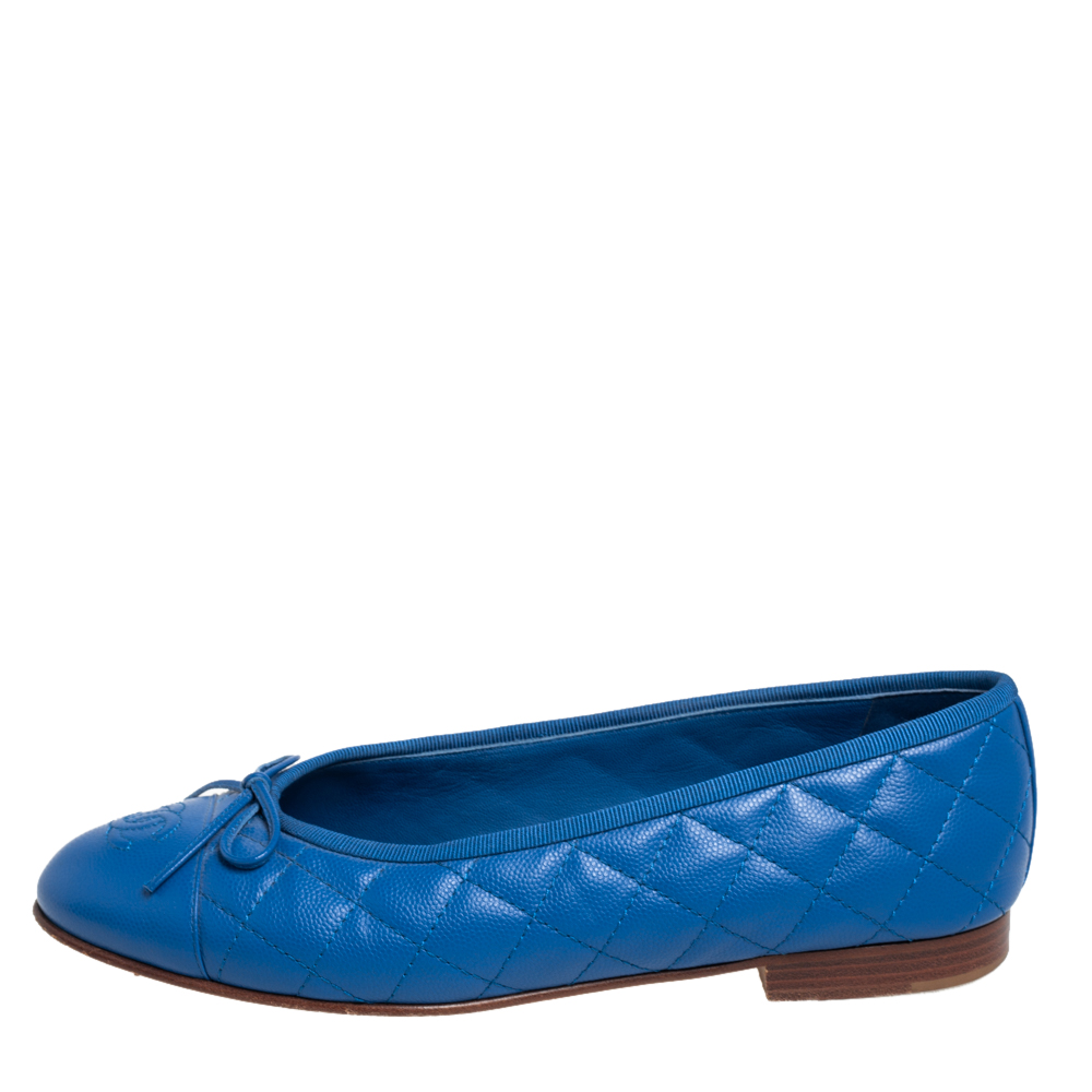 

Chanel Blue Quilted Caviar Leather CC Cap Toe Bow Ballet Flats Size