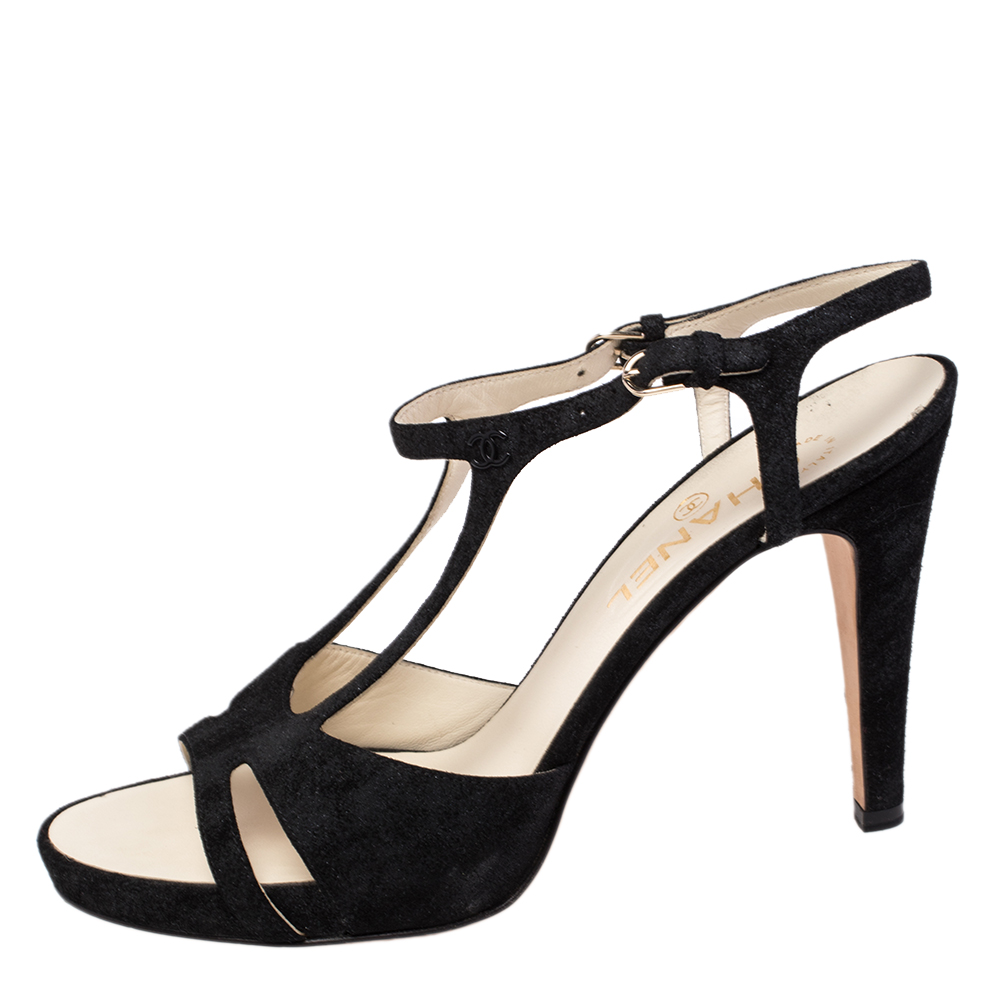 

Chanel Black Cut Out Suede CC Ankle Strap Sandals Size