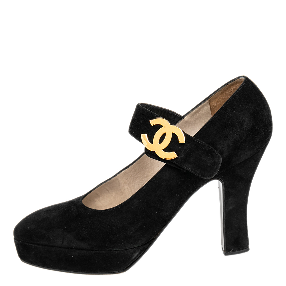 

Chanel Vintage Black Suede CC Mary jane Platform Pumps Size