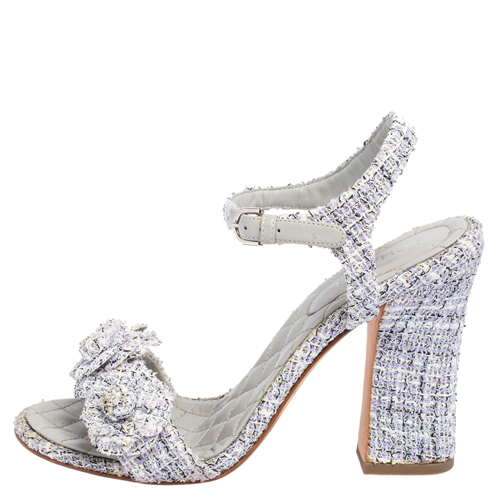 

Chanel Purple/Grey Tweed CC Camelia Open Toe Ankle Strap Sandals Size