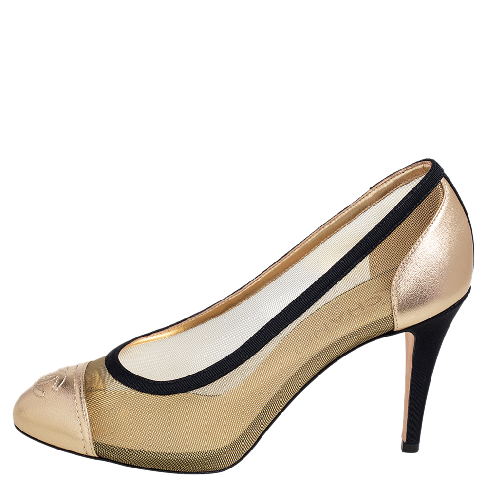 

Chanel Gold/Black Leather And Mesh CC Cap Toe Pumps Size