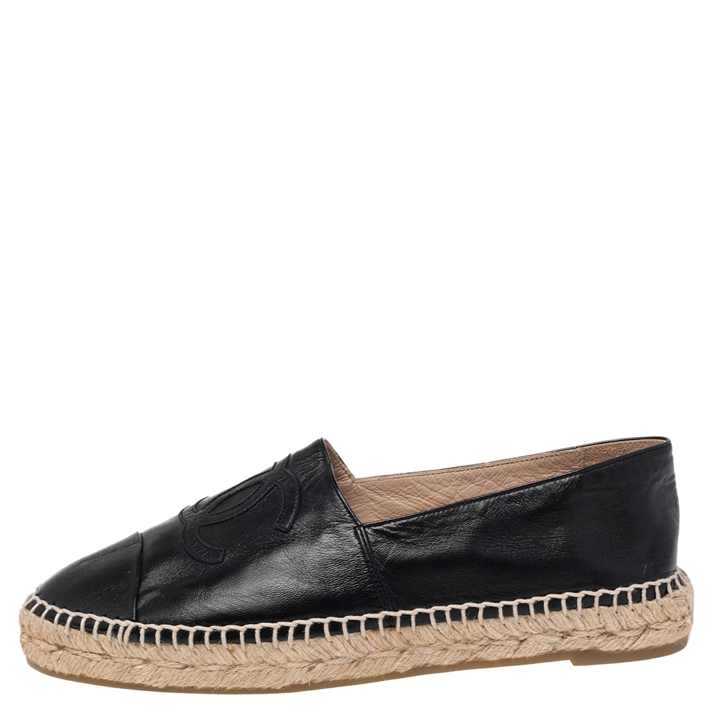 

Chanel Black Leather CC Espadrille Flats Size