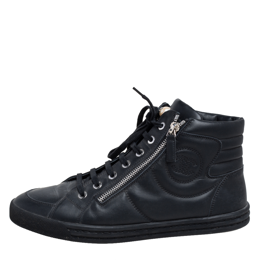 

Chanel Black Leather Double Zip CC High Top Sneakers Size