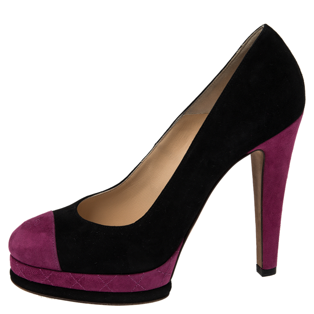 

Chanel Black/Purple Suede CC Cap Toe Platform Pumps Size