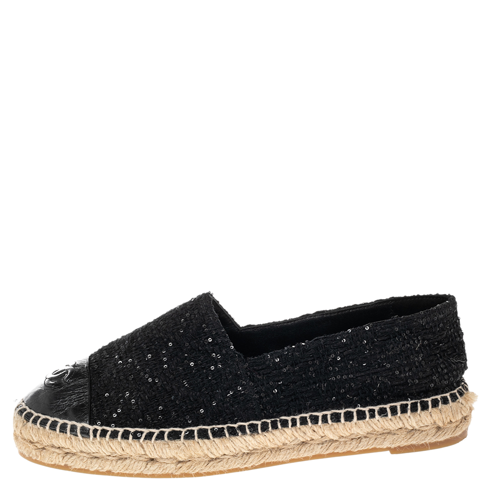 

Chanel Black Sequins Tweed and Leather CC Cap Toe Espadrille Flats Size