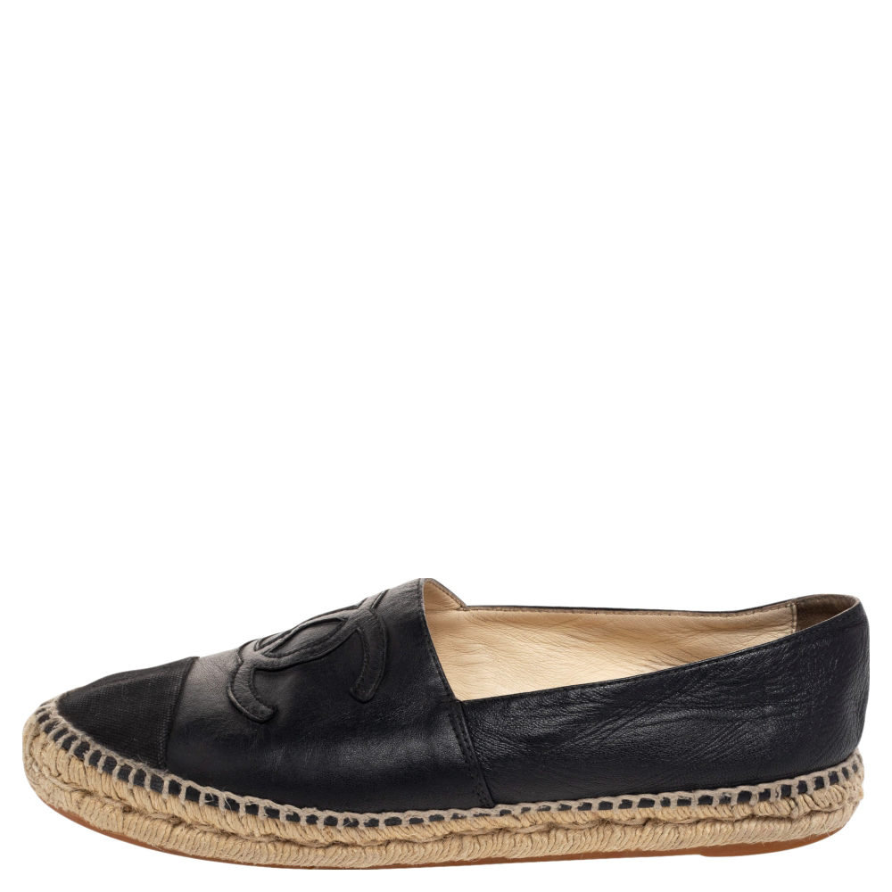 

Chanel Black Leather CC Espadrille Flats Size
