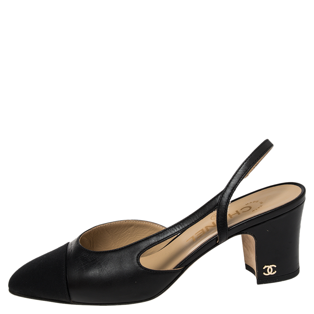 

Chanel Black Leather CC Cap Toe Slingback Pumps Size