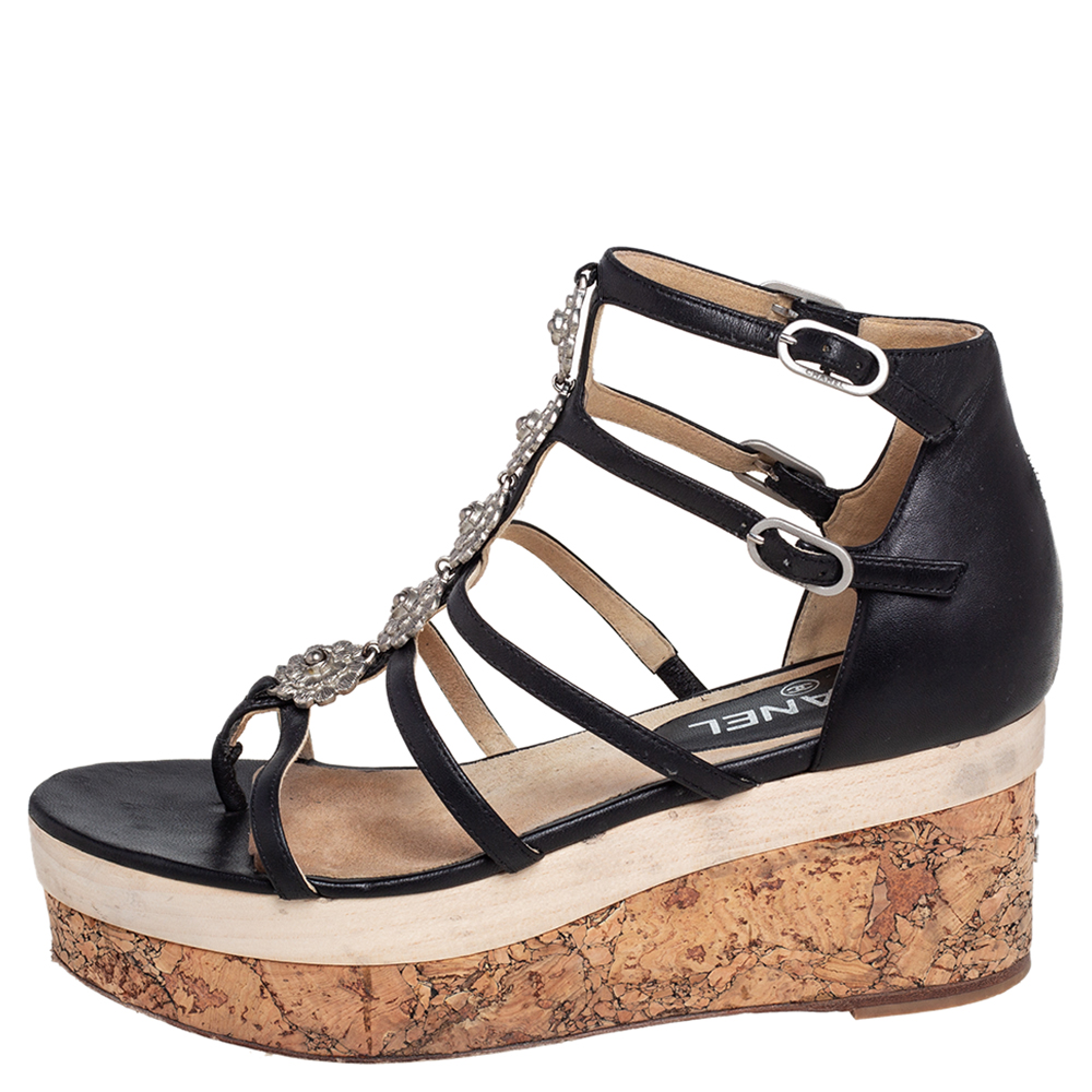 

Chanel Black Leather Camellia Strappy Cork Platform Sandals Size