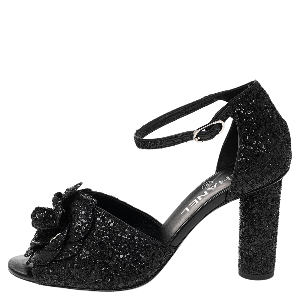 

Chanel Black Glitter Camellia Ankle Strap Sandal Size