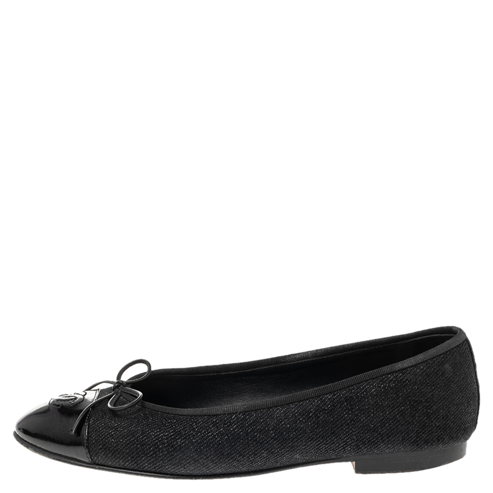 

Chanel Black Denim and Coated Canvas CC Cap Toe Bow Ballet Flats Size