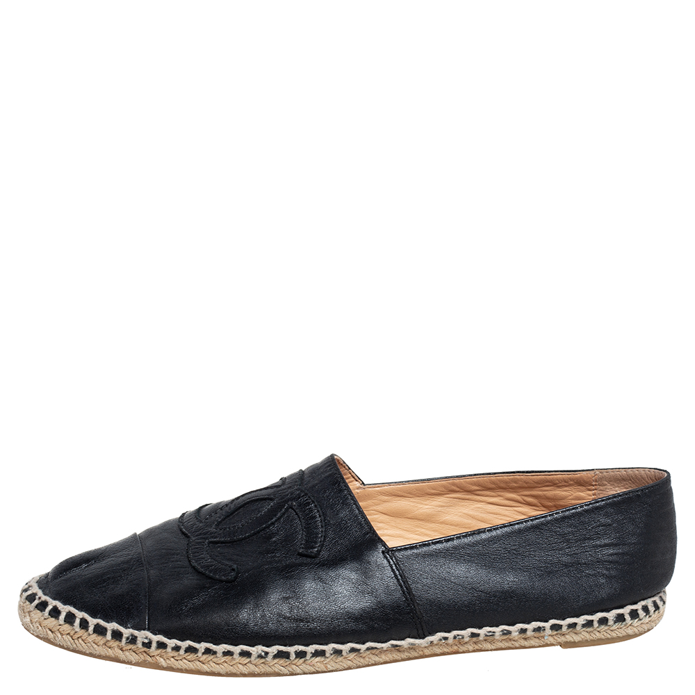 

Chanel Black Leather CC Cap Toe Espadrille Flats Size