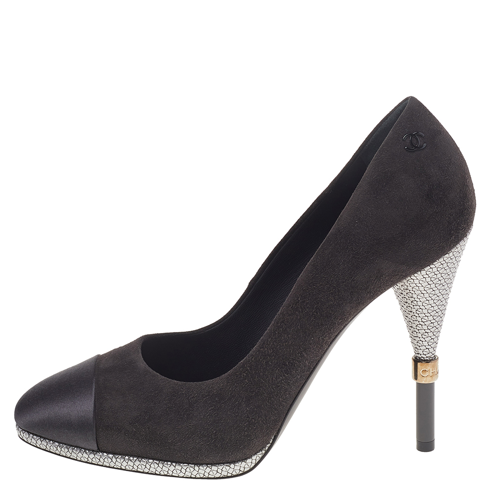 

Chanel Black Suede And Satin Cap Toe CC Pumps Size