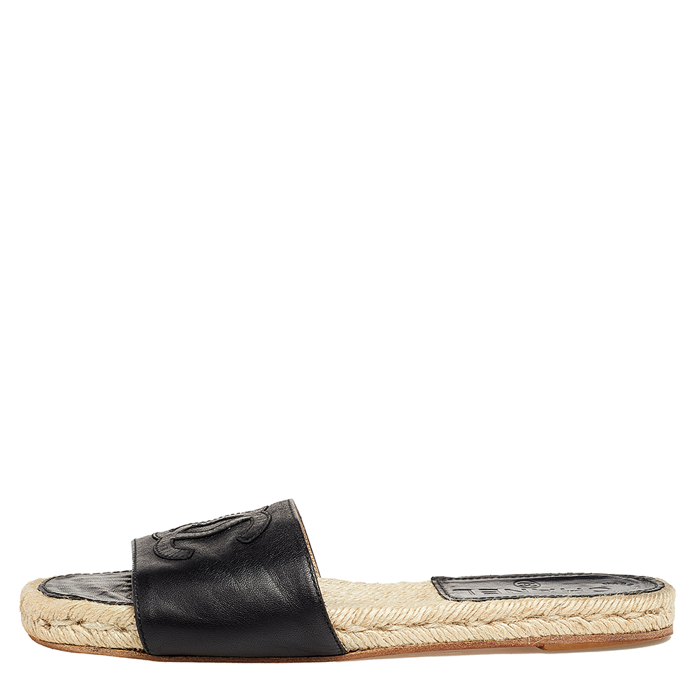 

Chanel Black Leather CC Logo Slide Espadrille Flats Size