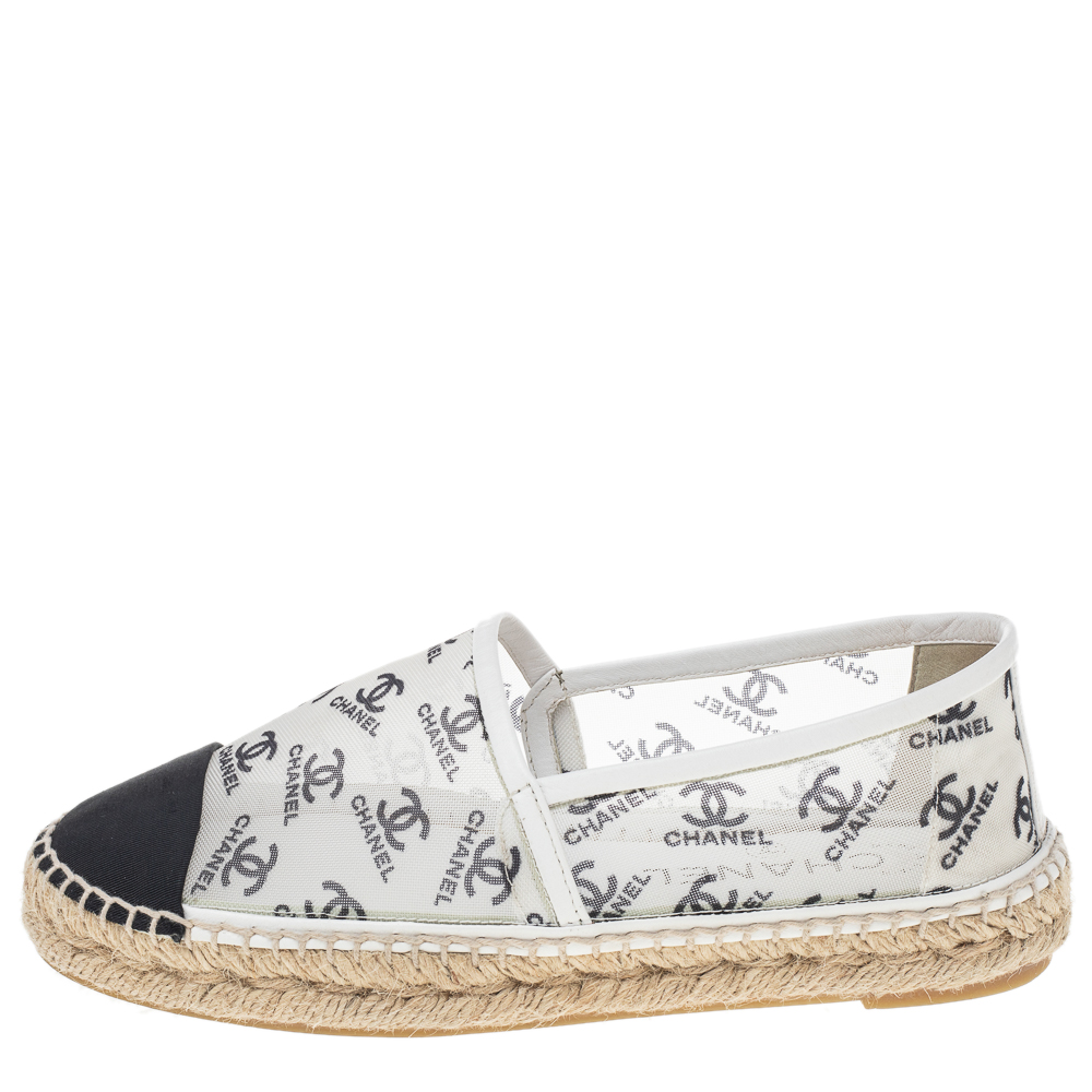 

Chanel White/Black Logo Print Mesh And Fabric CC Espadrille Flats Size